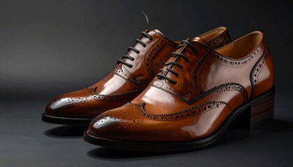 Brown, polished, wingtip dress shoes with dark laces sit on a dark gray surface, staged under bright studio lighting