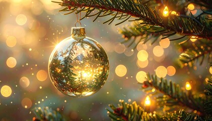 Golden Christmas ornament hanging on a decorated evergreen tree with warm bokeh lights.