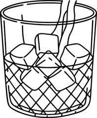 Glass of whiskey with ice cubes, alcoholic drink icon, simple black line illustration