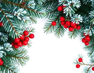 Christmas Border with Pine Branches and Red Berries