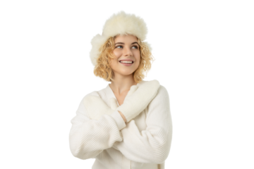 Happy woman in warm winter clothes smiles, isolated, PNG