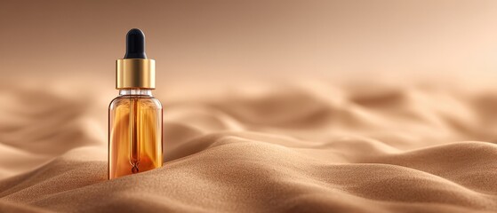 The Amber Dropper Bottle of Skincare Serum on Golden Sand Dunes