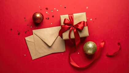 Festive Christmas Gift Box With Envelopes And Ornaments On Red Background.