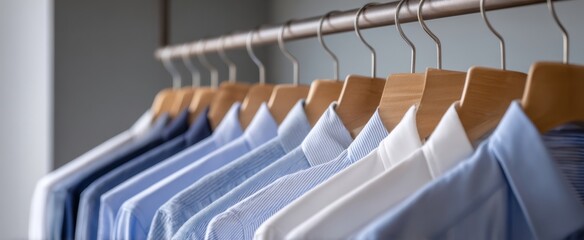 The shirts hung on wooden hangers in a neat modern closet display