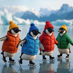 Four penguins glide on icy water, each wearing colorful vests and hats. Icebergs and snowy mountains form a serene backdrop