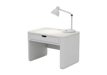 Modern white desk with adjustable lamp and single drawer isolated on transparent background