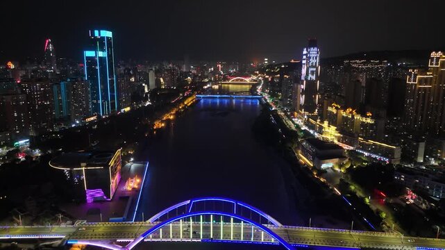 Lanzhou Yellow River Night Bridge View, Gansu China