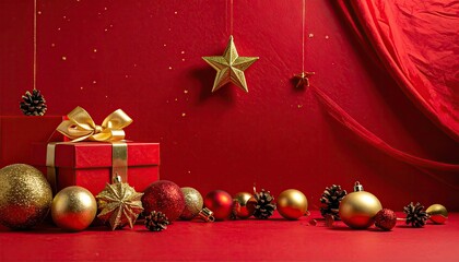 Elegant Red and Gold Christmas Holiday Decoration Display with Gift Box and Ornaments.