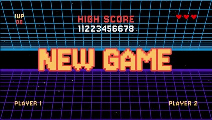 New game high score pixel text animation. Retro vintage 8-bit game style. Retrowave background 4K resolution - Powered by Adobe