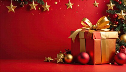 Golden Christmas Gift Box with Festive Decorations and Tree on Red Background.
