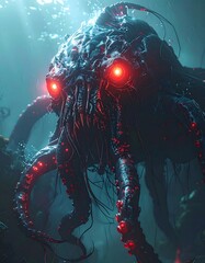 Bioluminescent deep sea creature with glowing red eyes and tentacles in murky, teal water with coral and sea life
