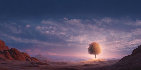 Stunning sunset over solitary tree in desert landscape digital art inspirational serenity view
