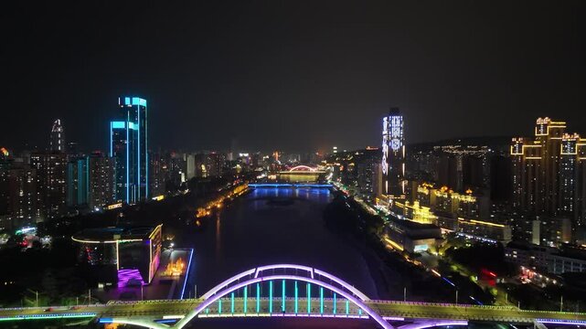 Lanzhou Yellow River Bridge Night Aerial View, Gansu China