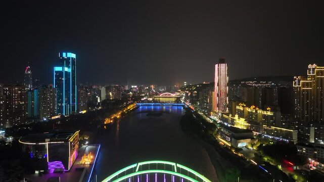 Lanzhou Yellow River Night Aerial View with Illuminated Bridges