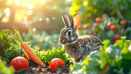 Brown rabbit amidst garden vegetables under a sunlit sky, bathed in a soft, golden glow