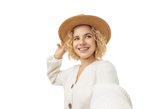 Smiling girl enjoys winter while taking selfie, isolated, PNG