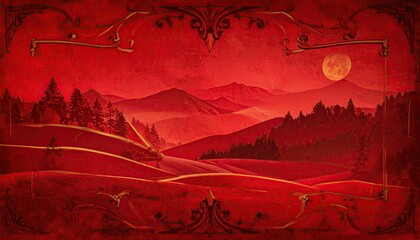 Dramatic Red Landscape with Full Moon and Ornate Borders.