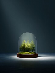 Miniature forest ecosystem in glass dome indoor display nature photography serene environment close-up view