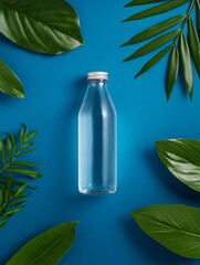 Refreshing water bottle surrounded by green leaves studio shot minimalist environment aesthetic viewpoint