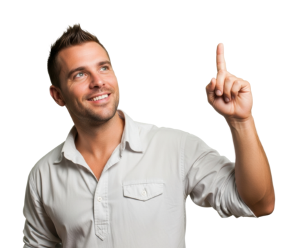 Pointing gesture of happy man portrait