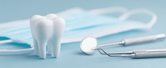 The Tooth Model with Dental Tools and Protective Mask on Blue Background