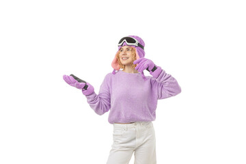 Girl in winter outfit enjoying the joy of winter sports, isolated, PNG