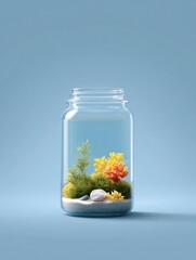 Miniature ocean ecosystem in glass jar home decor artistic display tranquil setting top view nature-inspired concept