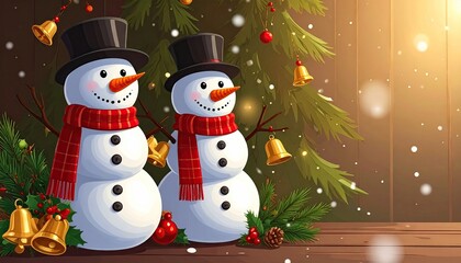 Two Cheerful Snowmen Festive Christmas Scene with Decorations and Snowfall.