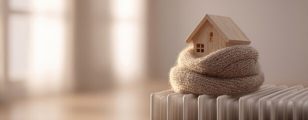 The wooden house wrapped in a cozy scarf on a warm radiator