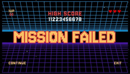 Mission failed high score pixel text animation. Retro vintage 8-bit game style. Retrowave background 4K resolution - Powered by Adobe