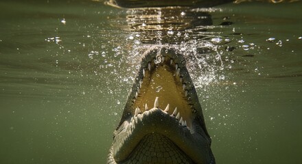 Underwater View of Crocodile Jaw Closing with Teeth and Water Splash