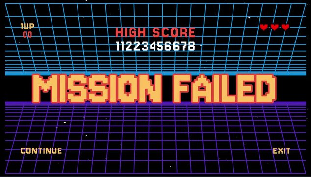 Mission failed high score pixel text animation. Retro vintage 8-bit game style. Retrowave background 4K resolution