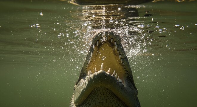 Underwater View of Crocodile Jaw Closing with Teeth and Water Splash