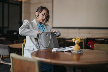 A stylish businesswoman in a light blazer and blue shirt opens her gray handbag at a round cafe table. Papers lie nearby, with a yellow vase, suggesting a casual, on-the-go work moment.