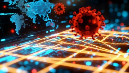 Futuristic 3D Red Coronavirus Cell Over Digital Blue World Map - Global Pandemic and Cyber Security Concept - Powered by Adobe