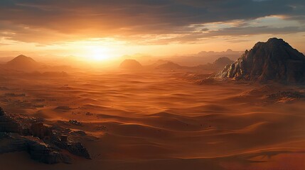 A sweeping desert landscape featuring rolling sand dunes, distant mountains, and a vibrant sunset. The warm light creates a dramatic and awe-inspiring atmospher