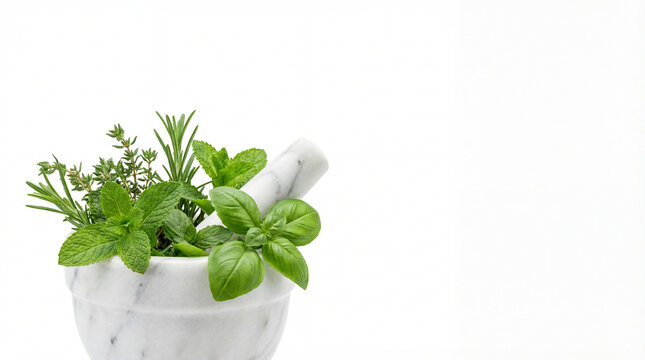 White marble pestle and mortar filled with fresh aromatic herbs isolated on white background. Rosemary, thyme, basil, and mint leaves ready for grinding. Culinary and cooking ingredient concept.