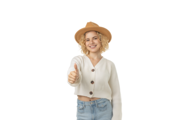 Girl gives a thumbs up in winter joy, isolated, PNG