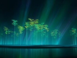 Holographic neon forest projection glowing with energy virtual environment digital art fantasy immersive experience