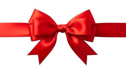 A simple, elegant red ribbon bow tied with perfect loops and trailing ends on a white background, symbolizing celebration and gifting