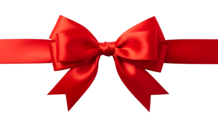 A simple, elegant red ribbon bow tied with perfect loops and trailing ends on a white background, symbolizing celebration and gifting