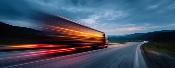 The truck racing along a coastal highway at sunset with dramatic motion blur