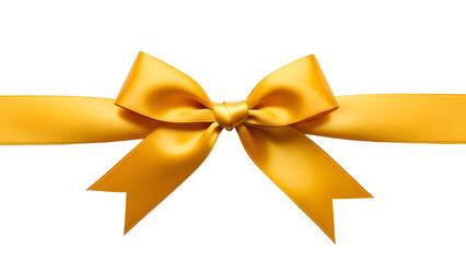 A golden yellow ribbon tied into a bow, set against a plain white background, ideal for gift wrapping or decoration