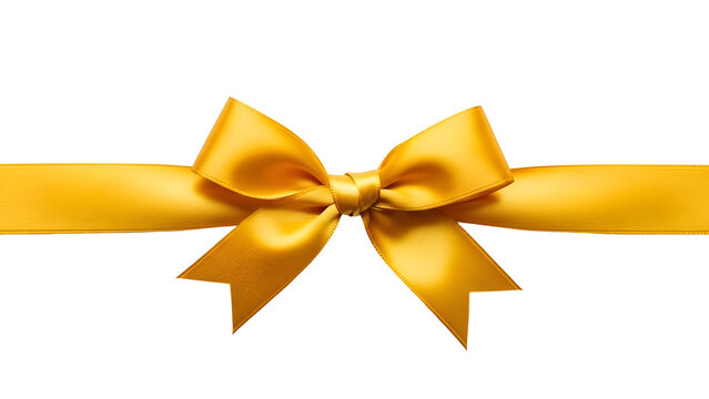 A beautifully tied golden satin ribbon bow isolated on a white background, perfect for gift wrapping and festive decorations