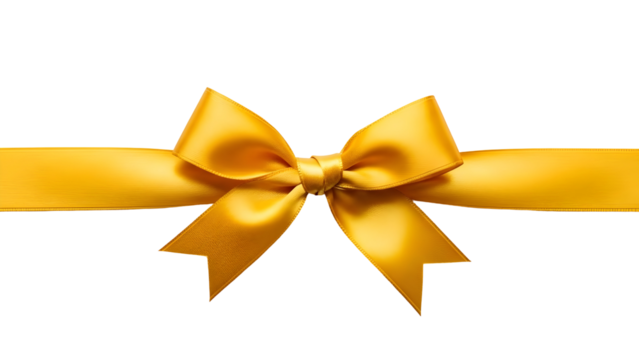 A beautifully tied golden satin ribbon bow isolated on a white background, perfect for gift wrapping and festive decorations