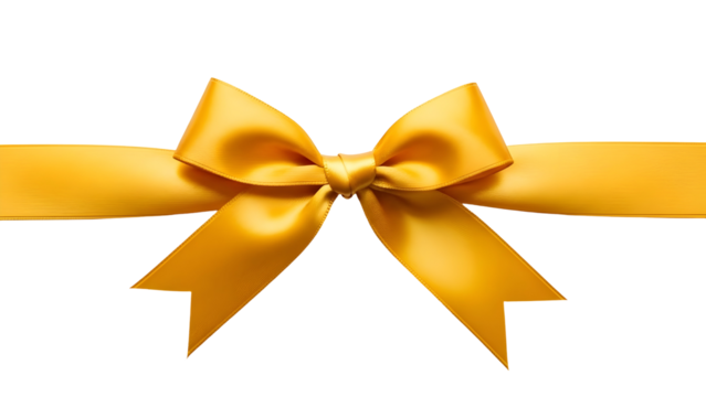 A golden yellow ribbon tied into a bow, set against a plain white background, ideal for gift wrapping or decoration