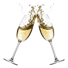 Fototapeta premium Two champagne glasses clinking with bubbly champagne creating a splash against a white background