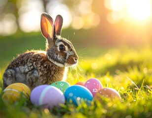 Brown rabbit poses next to colorful eggs in bright grass field against a sunny backdrop