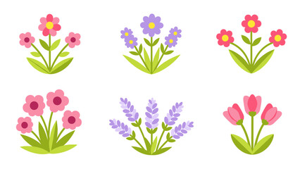 A vibrant collection of six stylized floral illustrations, featuring various pink, purple, and red blossoms with green foliage.