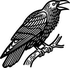 Fototapeta premium Black raven perched on branch, stylized monochrome bird illustration with detailed feather patterns